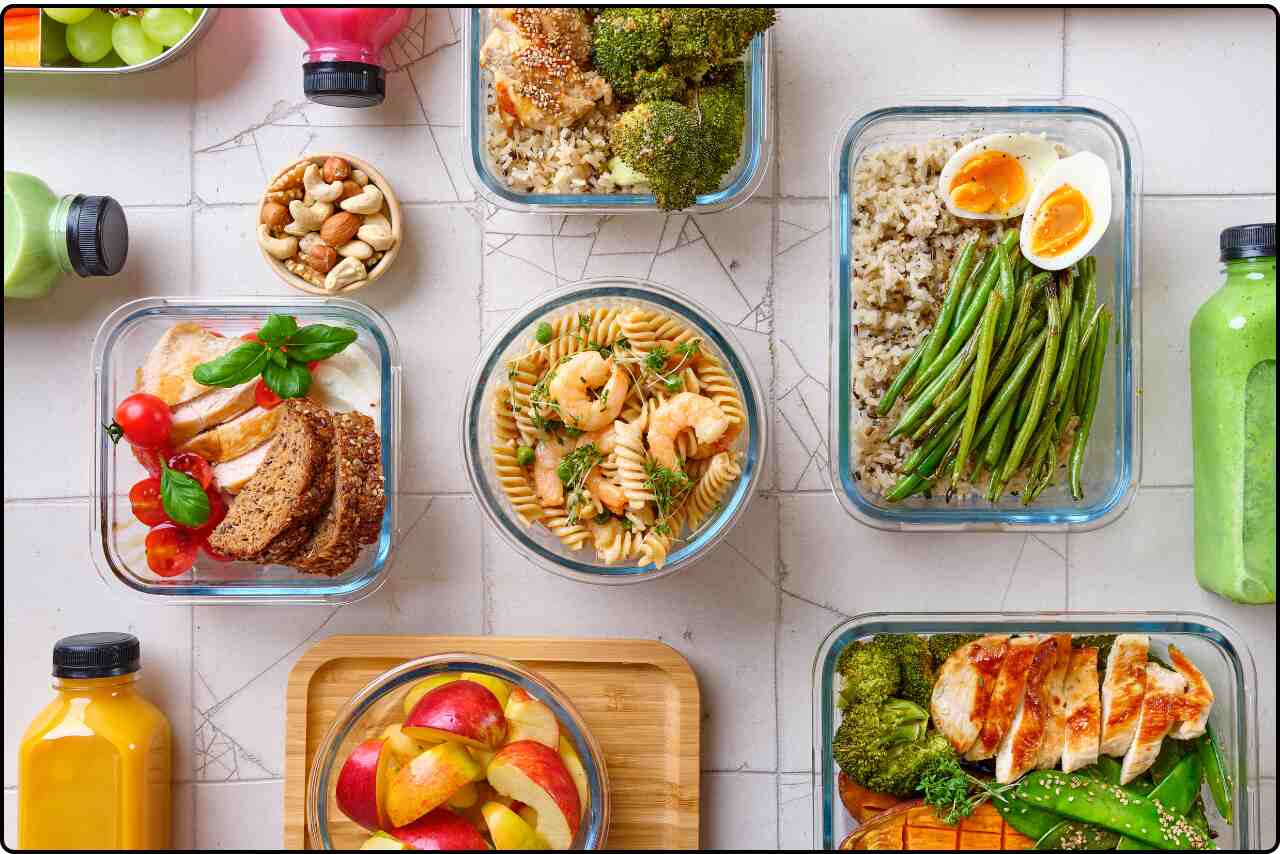 Flat lay of meal prep containers filled with healthy food, including vegetables, grains, and proteins.